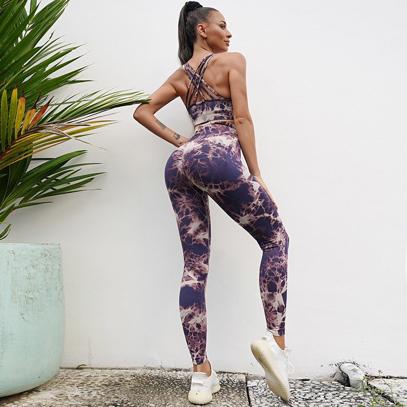 Women 2023 Sexy Seamless Scrunch Bum Yoga Leggings Tie Dye 2 Piece Set Fitness Workout Sports Gym Clothing Active Wear Outfits