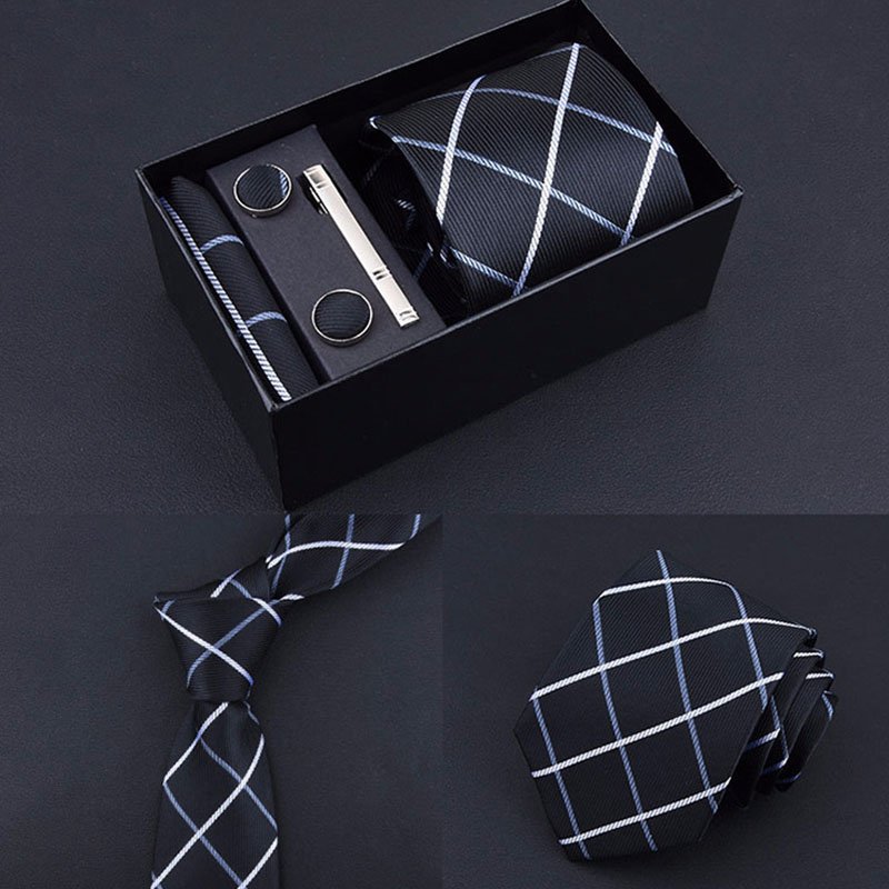 Men's Polyester Necktie Formal Business Tie and Pocket Square Cufflink Set