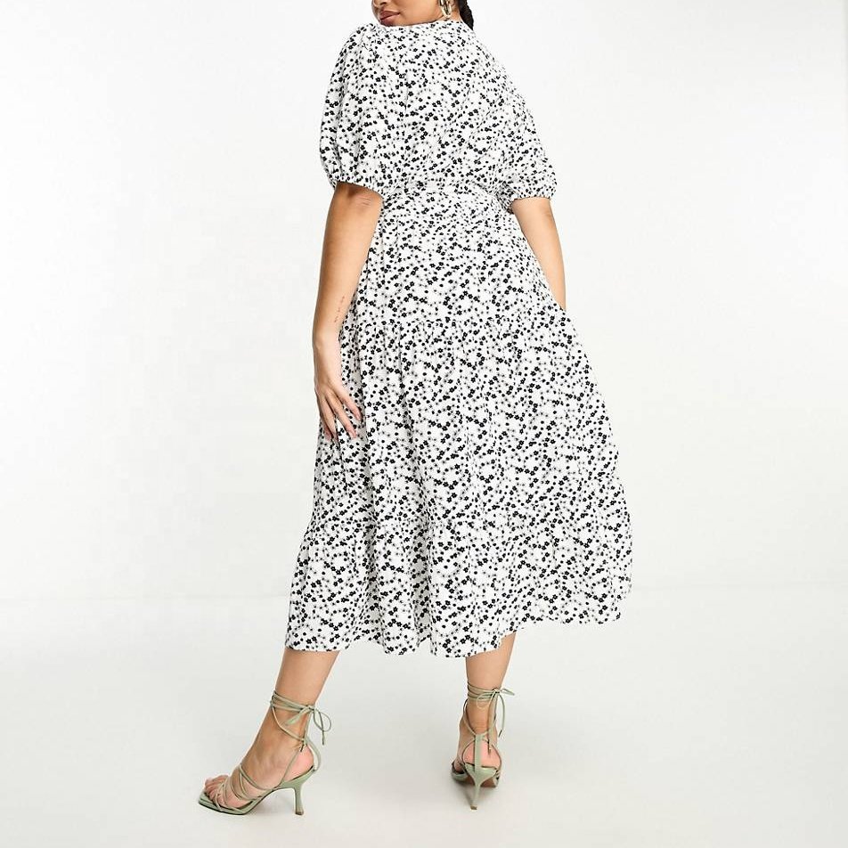 OEM/ODM Elegant Ruffles Puff Sleeves Floral Lace Long Formal Evening Party Tie Waist Dress Plus Size Women's Dresses