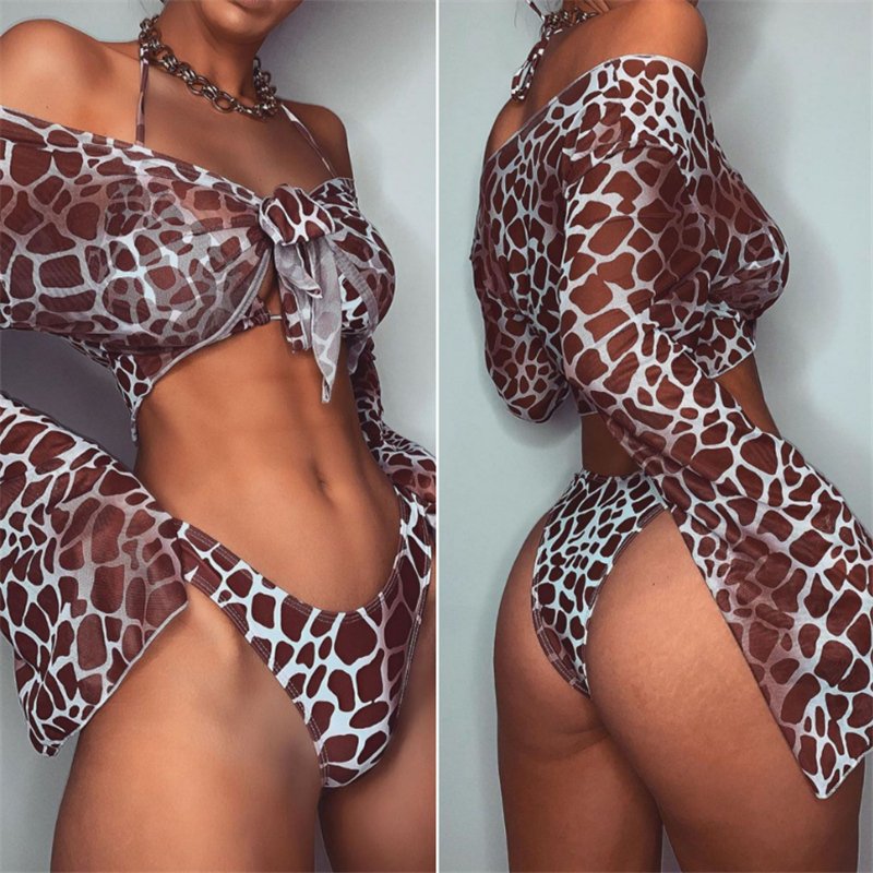 Sexy Off Shoulder Bandeau Bikini set Tie Dye Green Long Sleeve Mesh Leopard 3 piece Swimsuit Women Bathing Suit Bathers Swimwear