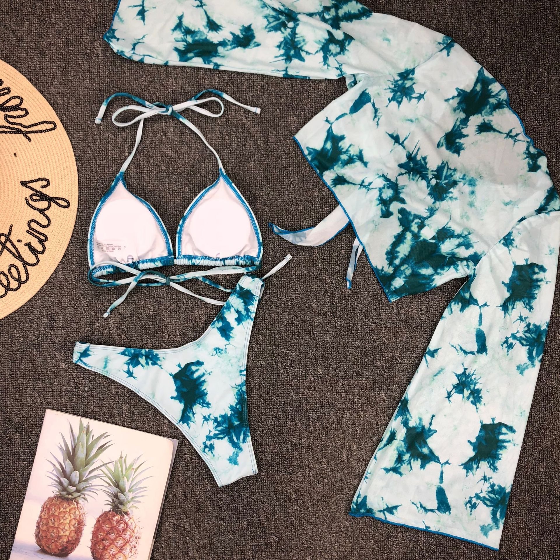 Sexy Off Shoulder Bandeau Bikini set Tie Dye Green Long Sleeve Mesh Leopard 3 piece Swimsuit Women Bathing Suit Bathers Swimwear