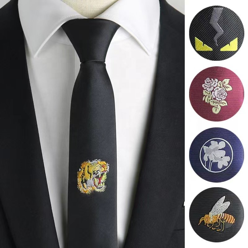 23 designs stock korean casual men's mens embroidered flower animal neck tie slim 5cm skinny ties for men