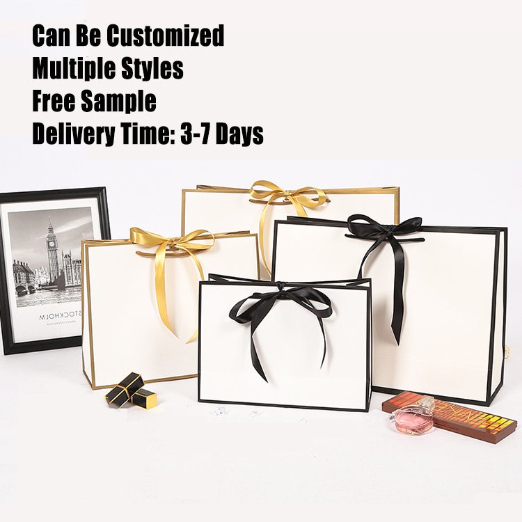 Custom Design Recyclable Black Luxury Jewelry Cosmetic Gift Clothing Shopping Packaging 250 Gsm Art Paper Bag with Ribbon Handle