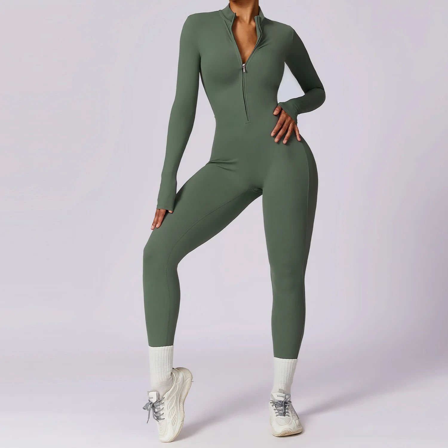 Zipper Workout Sports Custom logo One Piece Bodysuit zip Long-sleeved Slim Fit Jumpsuit Fitness Yoga Jumpsuit For Women