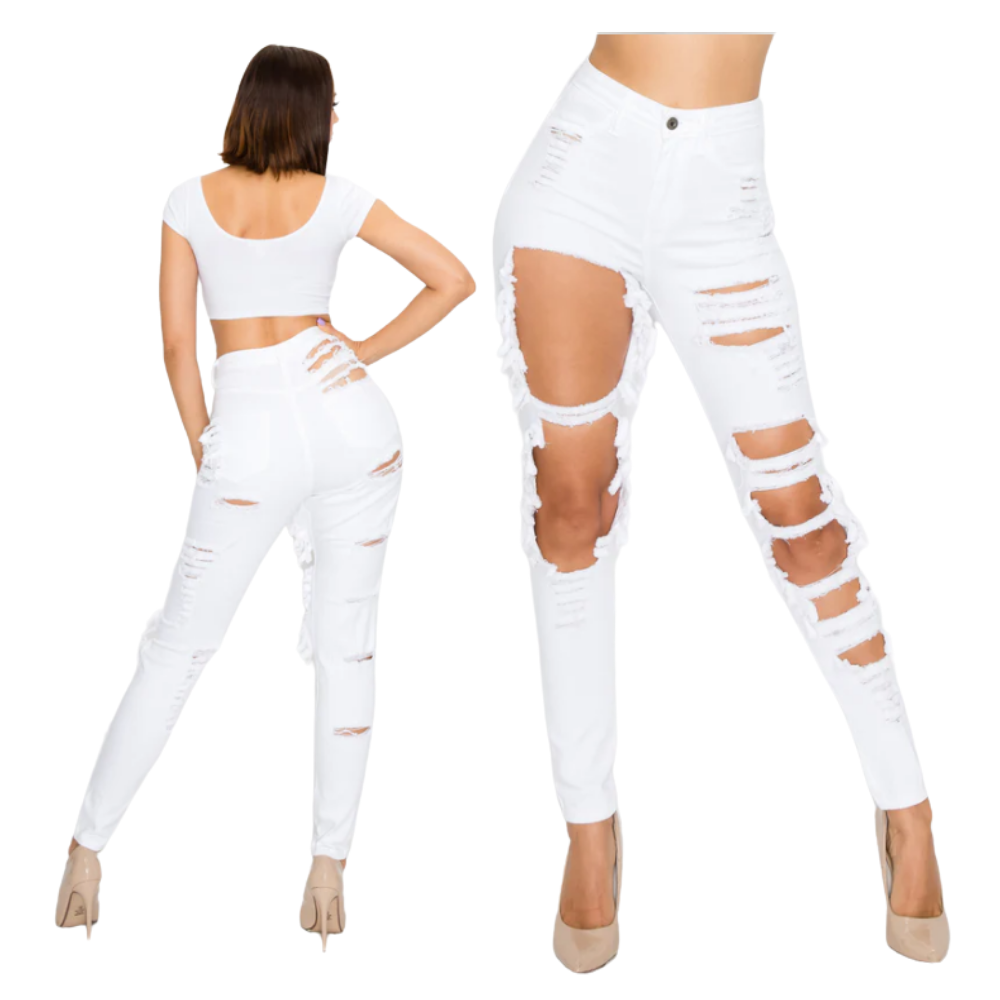 Trendy Chic 2024 Premium Quality Custom Stretchy High Waist Distressed Women's Skinny Denim Jeans Low Cost Made In Bangladesh