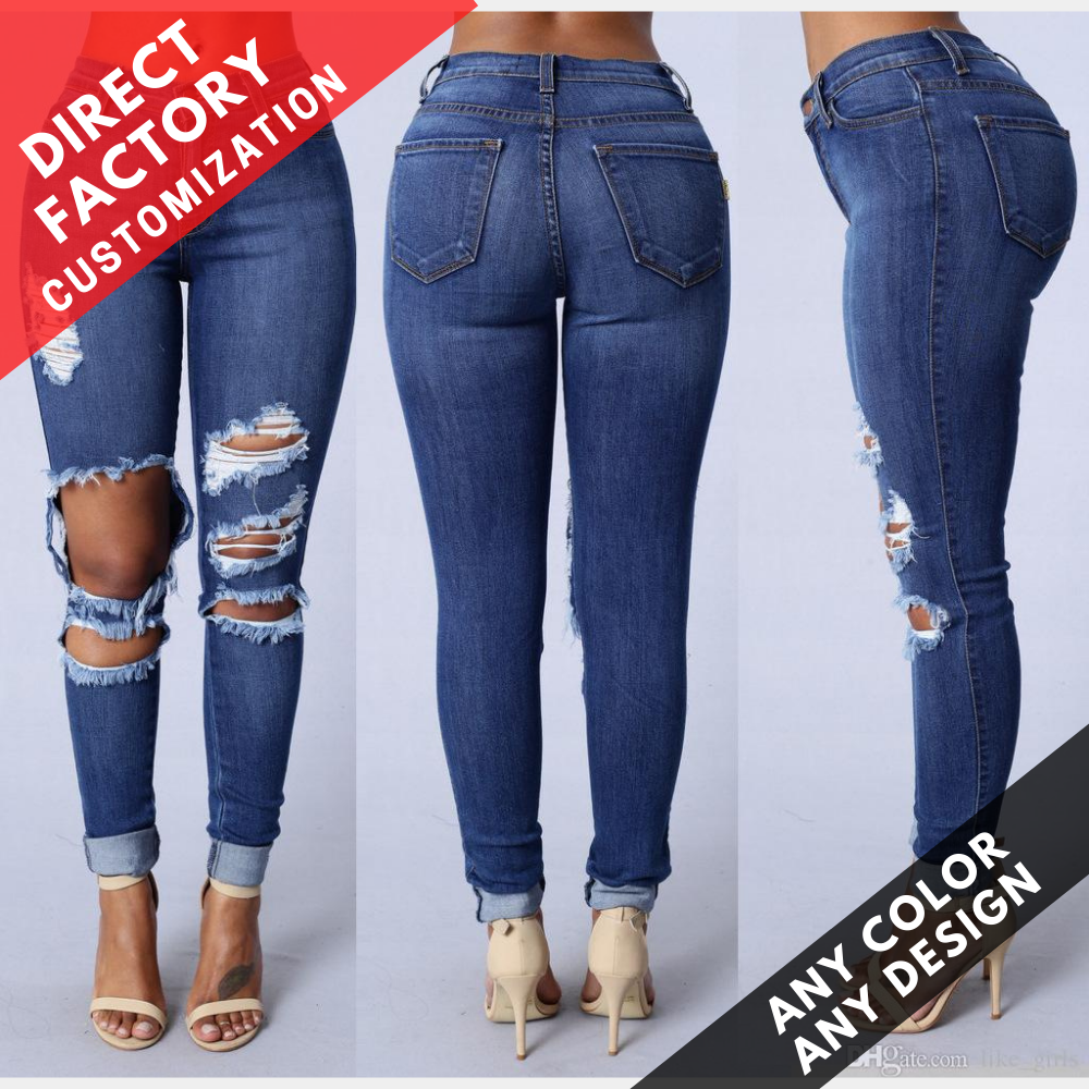 Trendy Chic 2024 Premium Quality Custom Stretchy High Waist Distressed Women's Skinny Denim Jeans Low Cost Made In Bangladesh