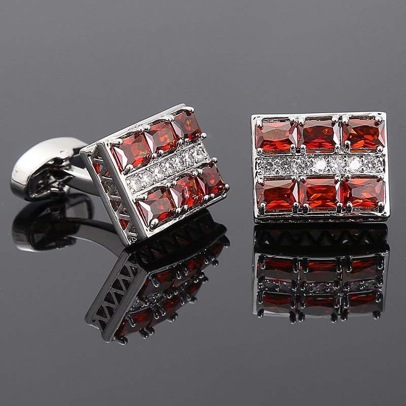 New French Cufflinks Luxury Red Zircon Rhinestone Buttons Men's Business Dress Shirts Cuff Links Men Women's Wedding Accessories