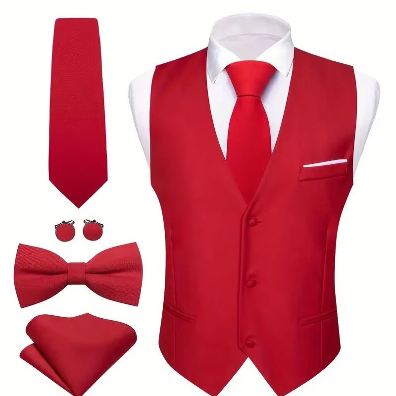 Men's Jacquard Paisley Waistcoat Set Necktie Bowtie Hanky Cufflinks Formal Occasions Elevate Your Style Red Customized Tie
