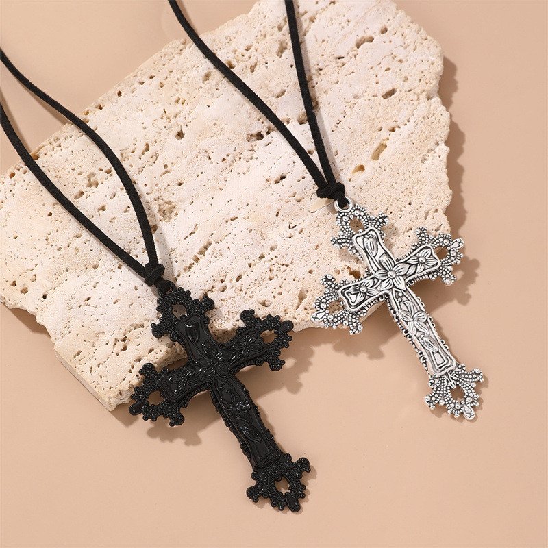 Gothic Personality Big Cross Pendant Lacing Necklace for Women Bow Tie Necklaces Jewelry Party Accessories