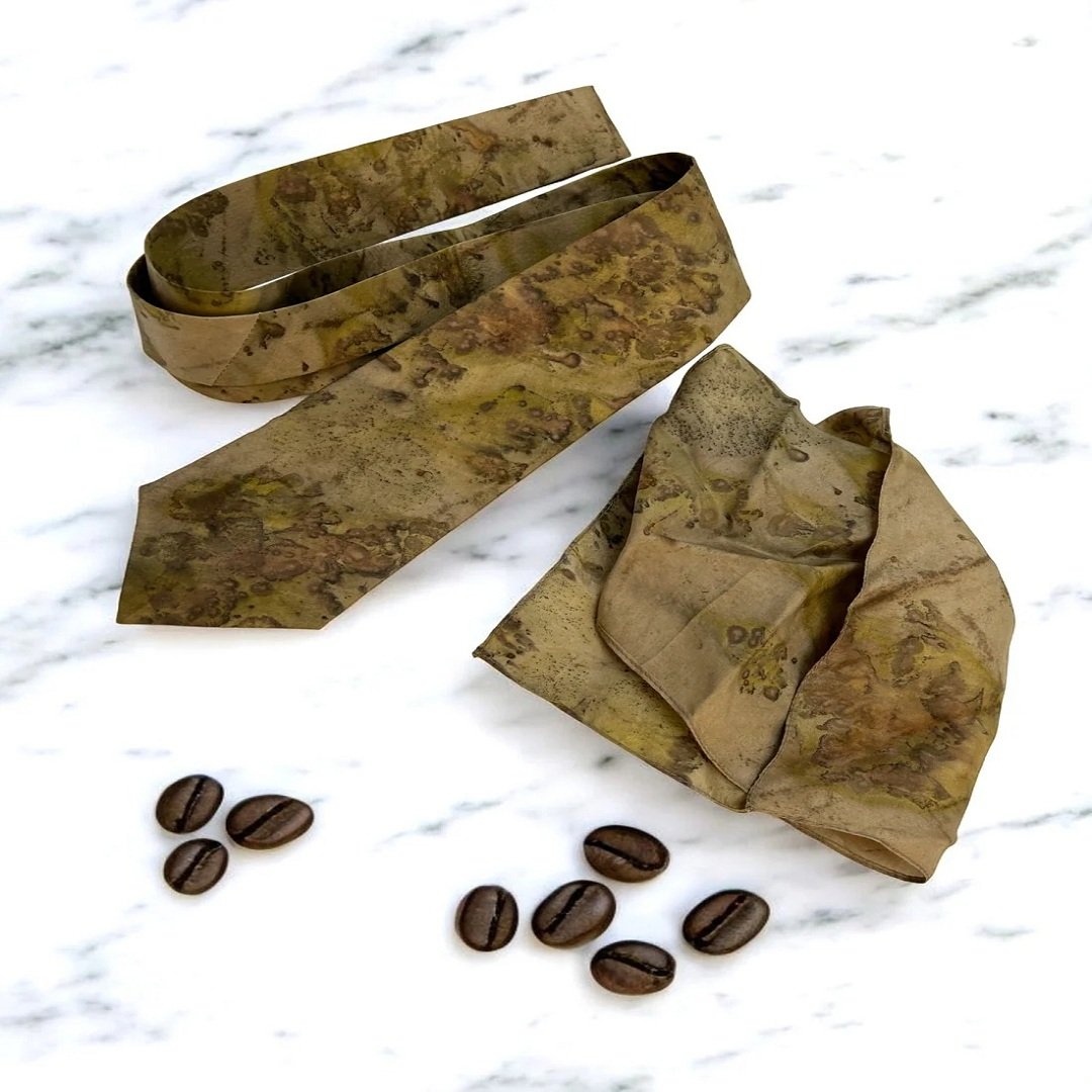 Wholesale Ecoprinted Pure Silk Coffee Bean Tie and Pocket Square Set Luxury Formal Business Custom Abstract Neckties for Men