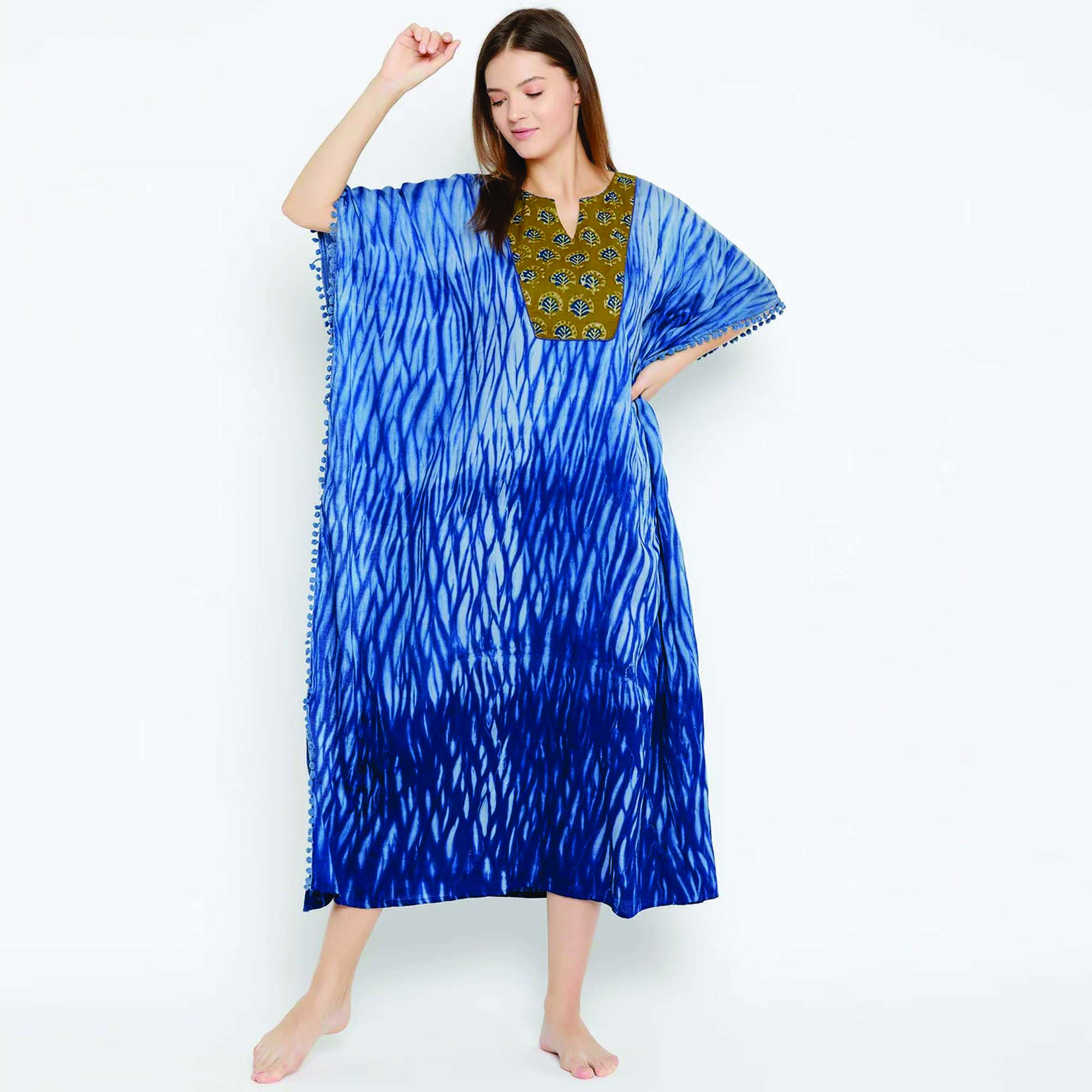 Custom 100% Cotton Comfort Fit Maxi Length Shibori Handwoven Tie-Dye Kaftan Adults Viscose Dresses