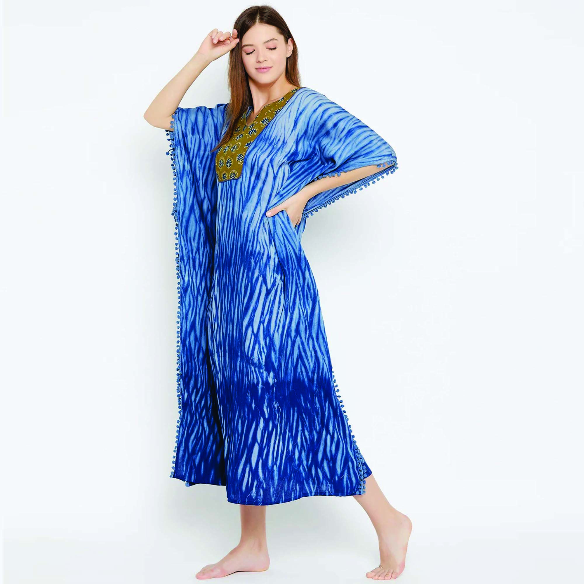 Custom 100% Cotton Comfort Fit Maxi Length Shibori Handwoven Tie-Dye Kaftan Adults Viscose Dresses