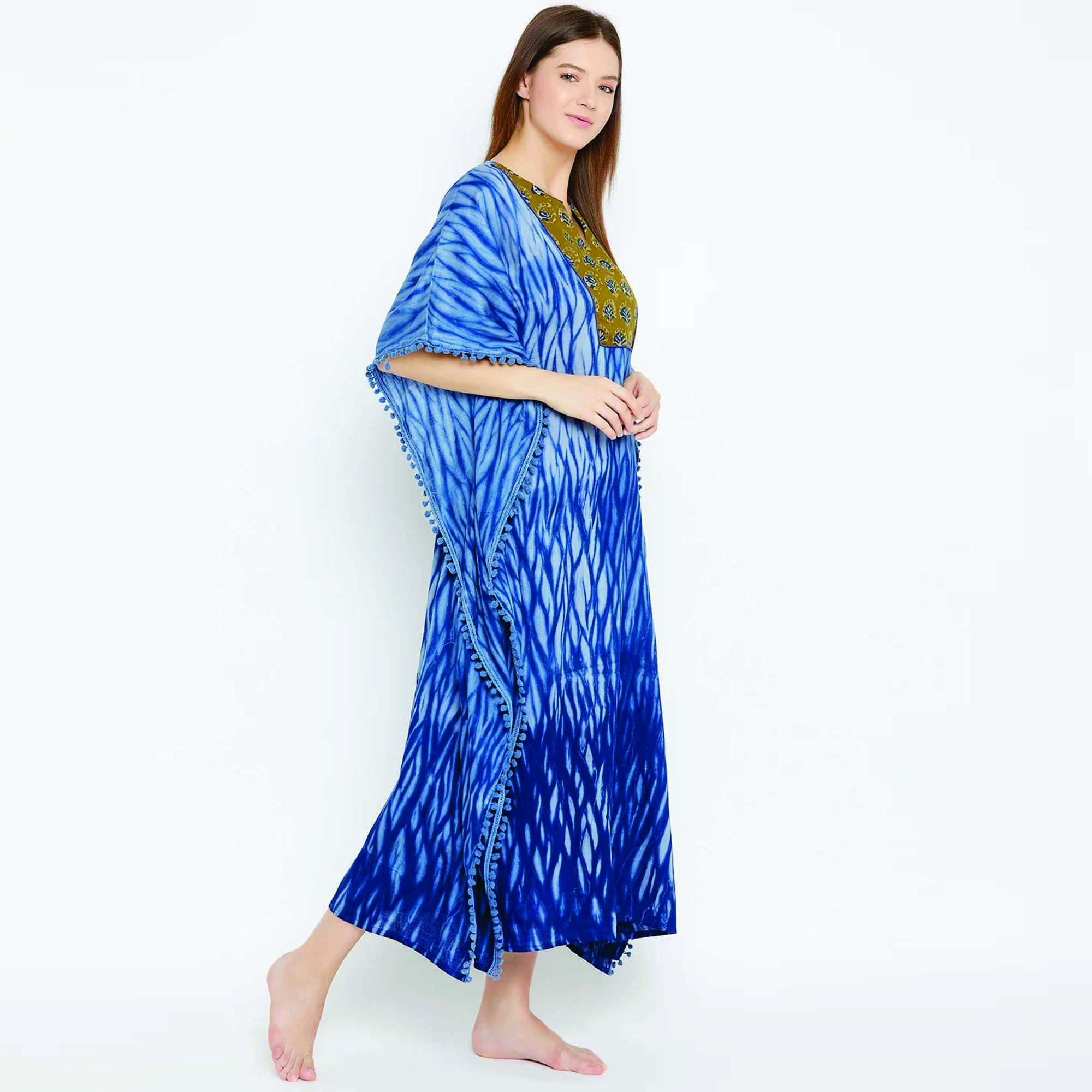 Custom 100% Cotton Comfort Fit Maxi Length Shibori Handwoven Tie-Dye Kaftan Adults Viscose Dresses