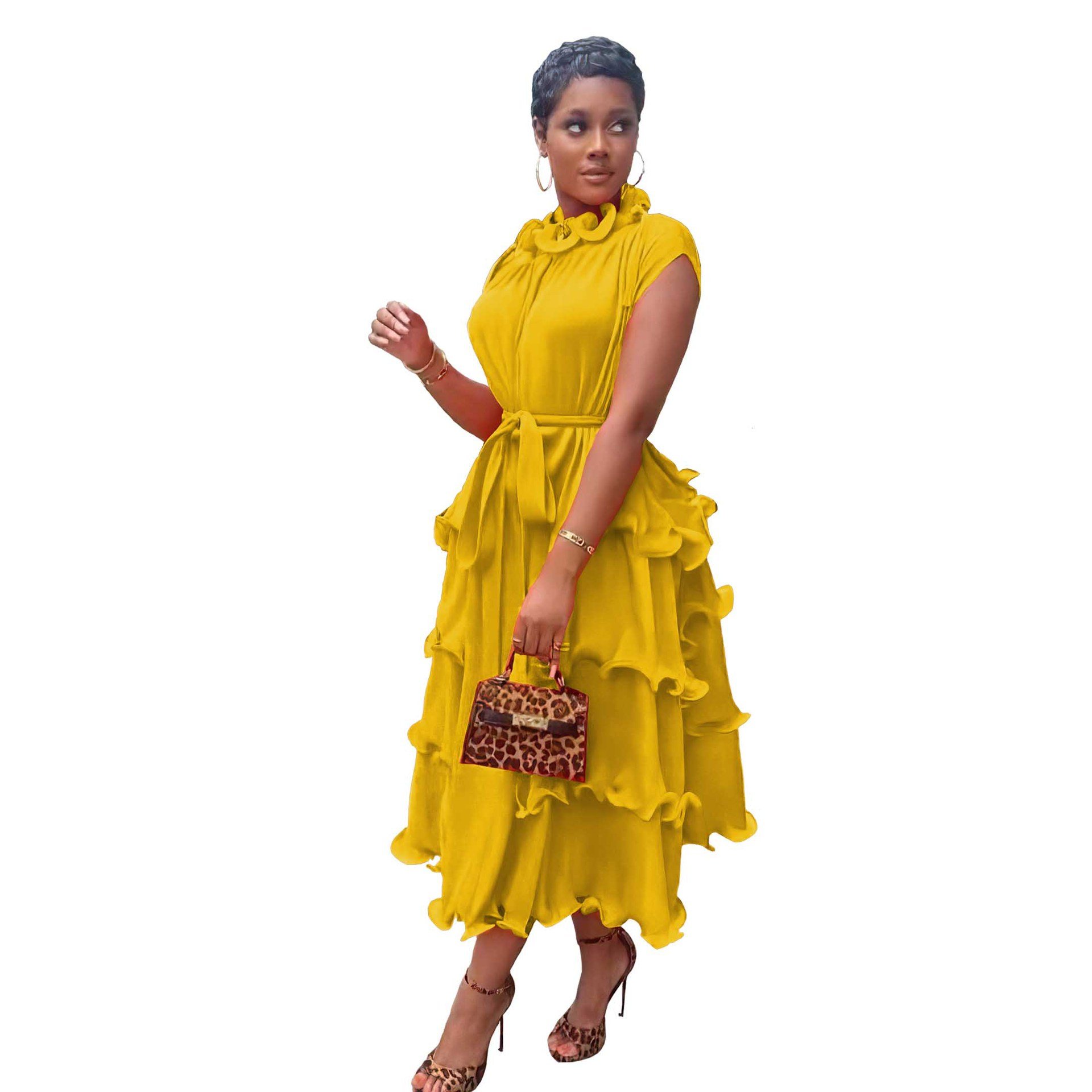 Hot Style Womens Ear-trimmed Pleated Long Skirt African Large Swing High Waist Pleated Dress European and American New Full