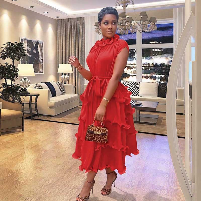 Hot Style Womens Ear-trimmed Pleated Long Skirt African Large Swing High Waist Pleated Dress European and American New Full