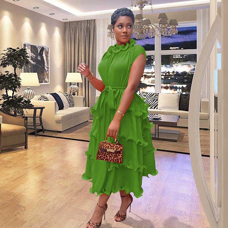 Hot Style Womens Ear-trimmed Pleated Long Skirt African Large Swing High Waist Pleated Dress European and American New Full