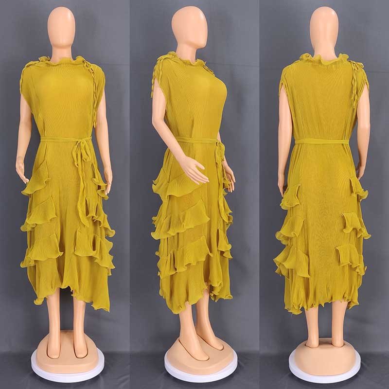 Hot Style Womens Ear-trimmed Pleated Long Skirt African Large Swing High Waist Pleated Dress European and American New Full