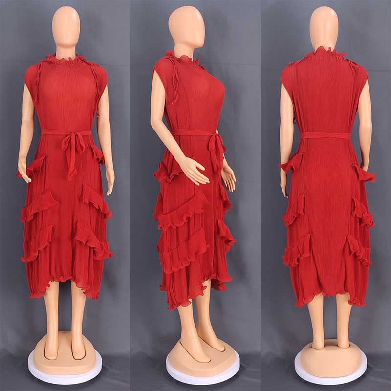 Hot Style Womens Ear-trimmed Pleated Long Skirt African Large Swing High Waist Pleated Dress European and American New Full