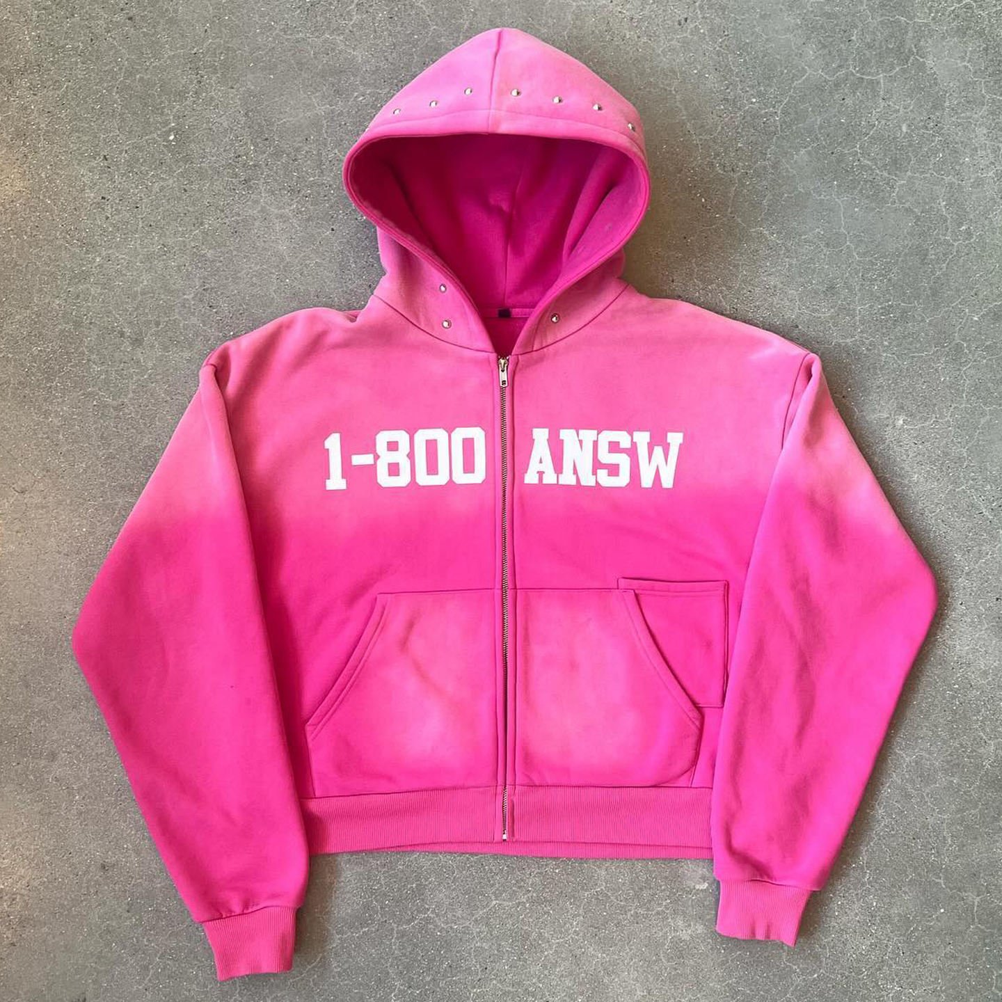 Custom Silk Screen Print Hoodie Cotton Heavyweight 400gsm Acid Wash Sun Faded Rivet Rhinestone Cropped Boxy Fit Zip Up Hoodie