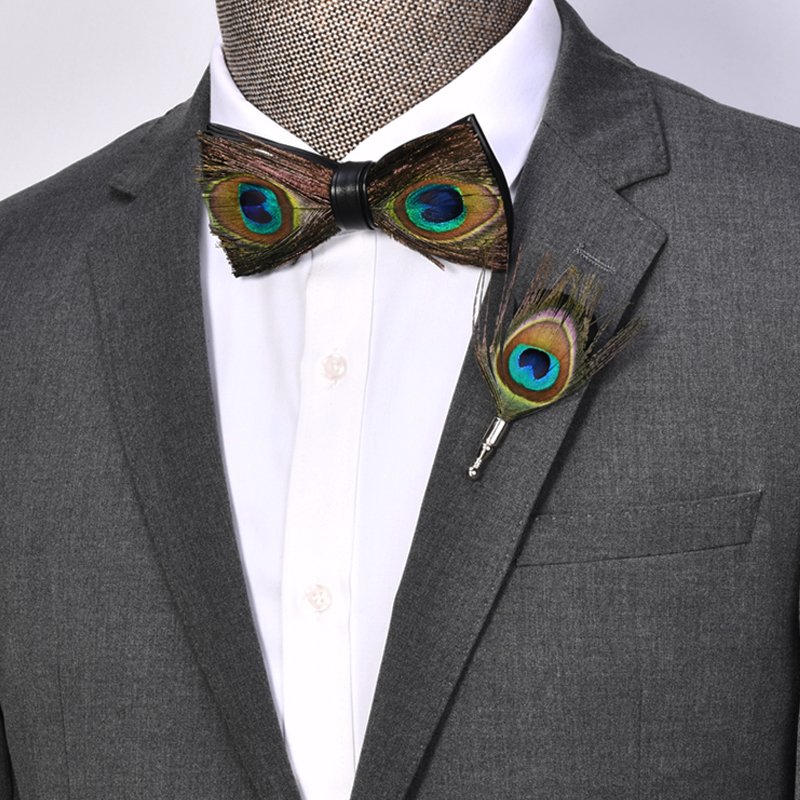 Newest Design Business Men Natural Feather Pre Bow Tie and Brooch Pin Party Bowtie for Man