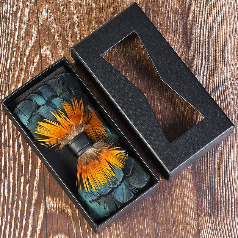 Newest Design Business Men Natural Feather Pre Bow Tie and Brooch Pin Party Bowtie for Man