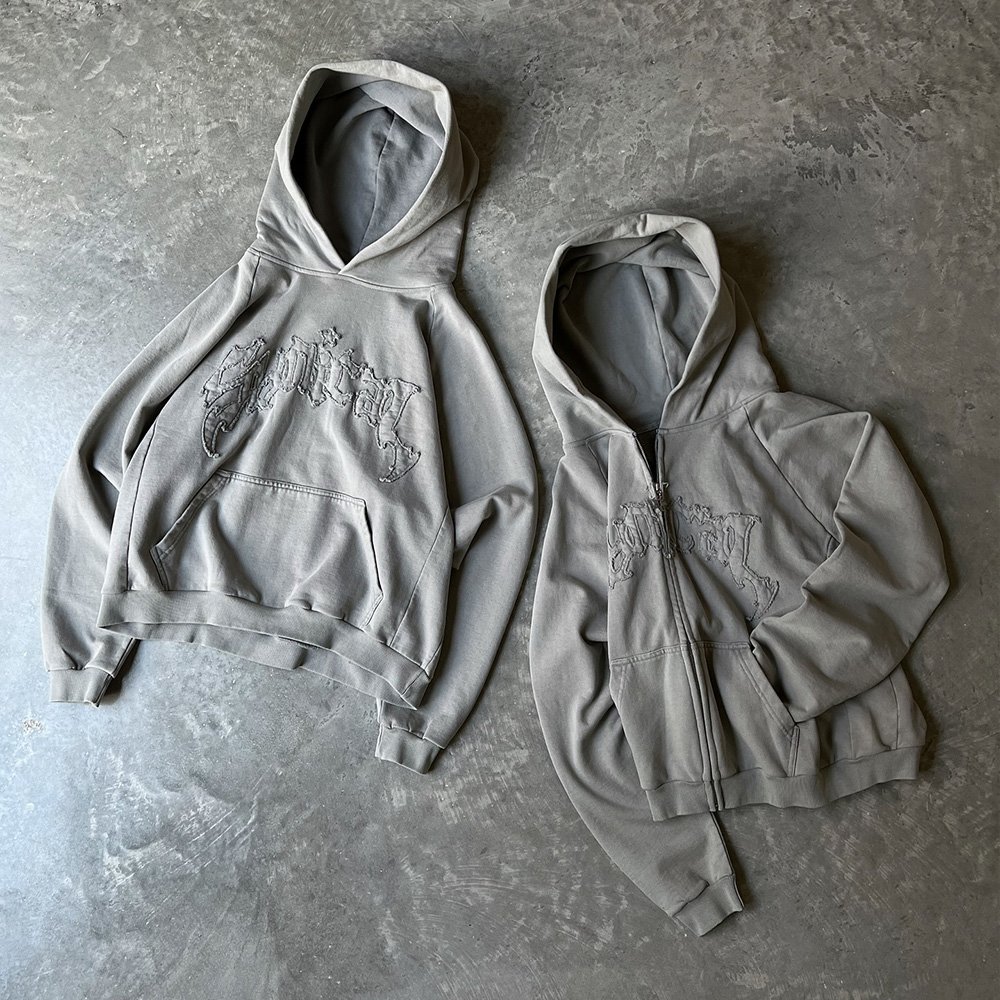 French terry slim fit 500 gsm custom puff screen printing gray color custom stitched graphic drop shoulder heavyweight hoodie