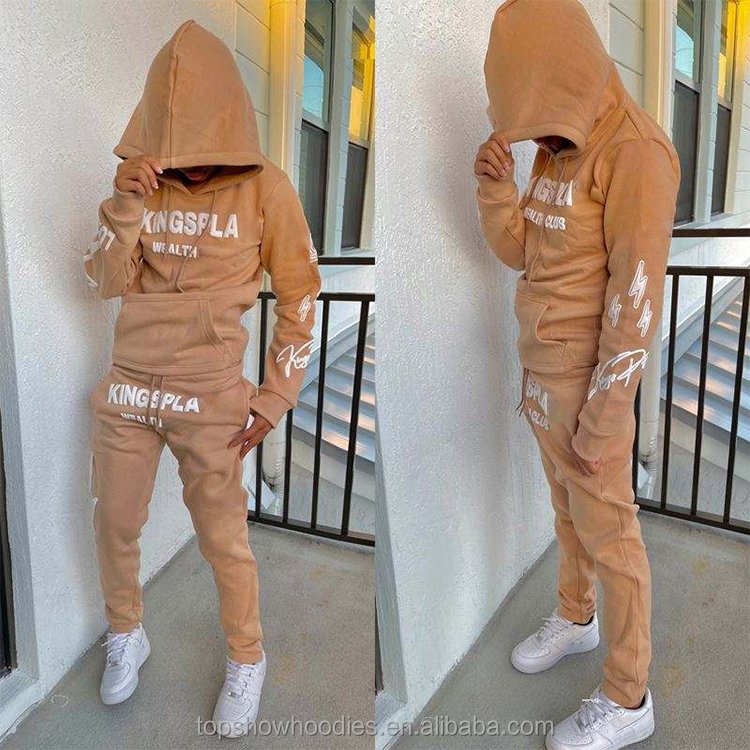 OEM Custom Pullover Puff Printing Foam Bubble Hoodie and Sweatpants Jogger 2 Pieces Set Jogging Suit Tracksuit Sweatsuit for Men
