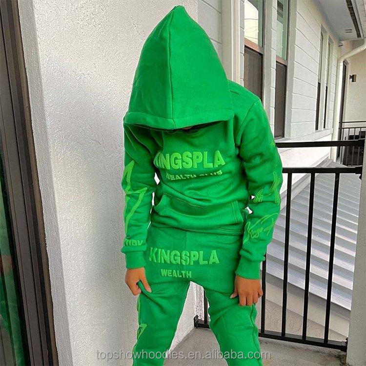 OEM Custom Pullover Puff Printing Foam Bubble Hoodie and Sweatpants Jogger 2 Pieces Set Jogging Suit Tracksuit Sweatsuit for Men