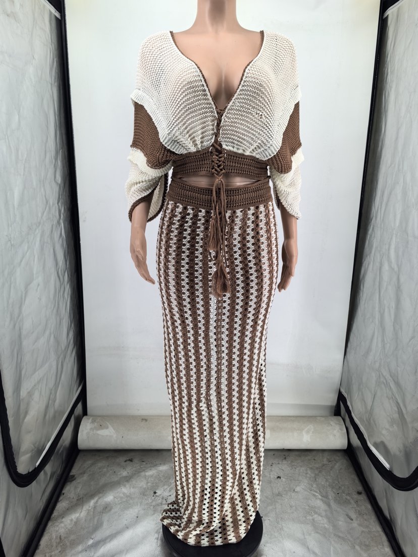 STOCK Two Colors V-NECK Short Sleeve Knit Top Women Two Pieces Set Crochet Skirt Beach Outfits