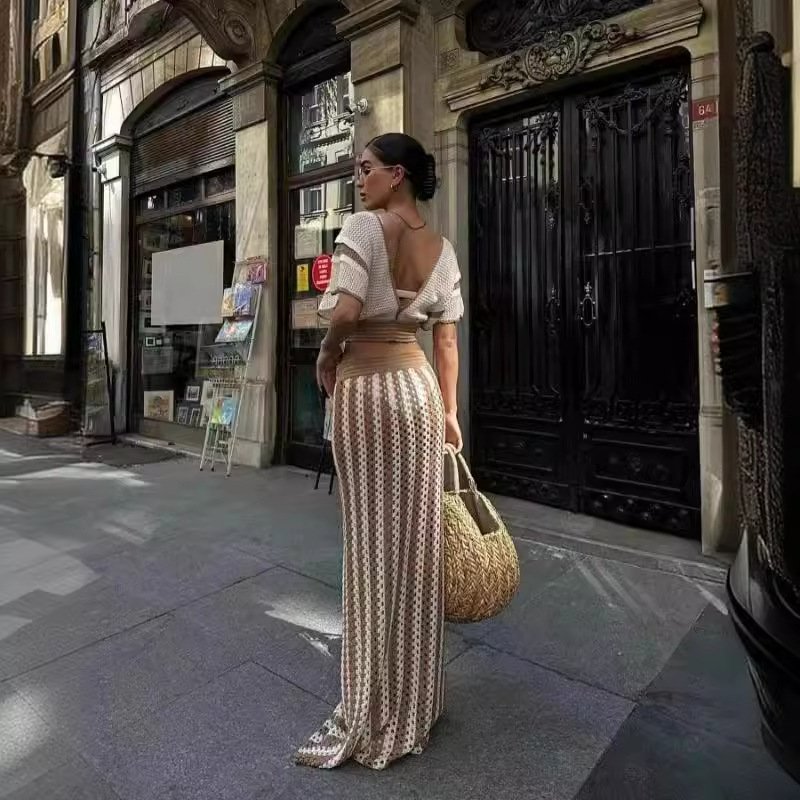 STOCK Two Colors V-NECK Short Sleeve Knit Top Women Two Pieces Set Crochet Skirt Beach Outfits