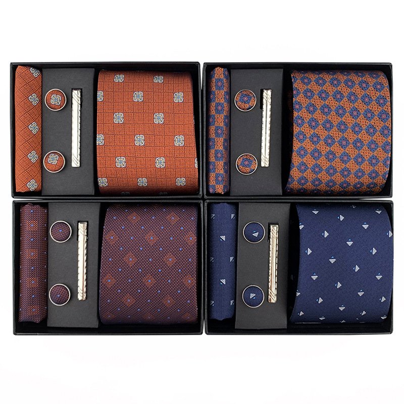 2024 China Latest Fashion Gift Set Striped Tie Square Polyester Neck Ties Blue Red Combination Set Gift