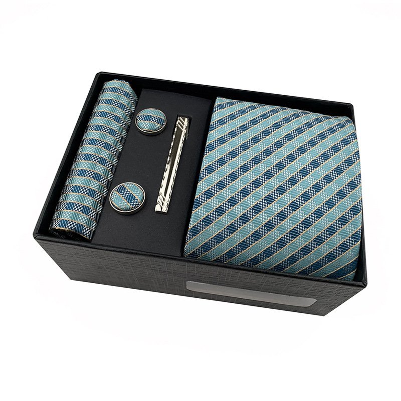 2024 China Latest Fashion Gift Set Striped Tie Square Polyester Neck Ties Blue Red Combination Set Gift