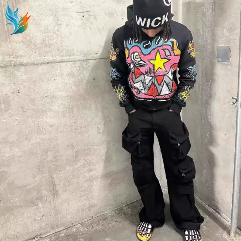 Custom Hoodie Manufacturers Streetwear Cotton Graphic Screen Printed High Quality Zip Up Oversized Heavy Weight Hoodies Men