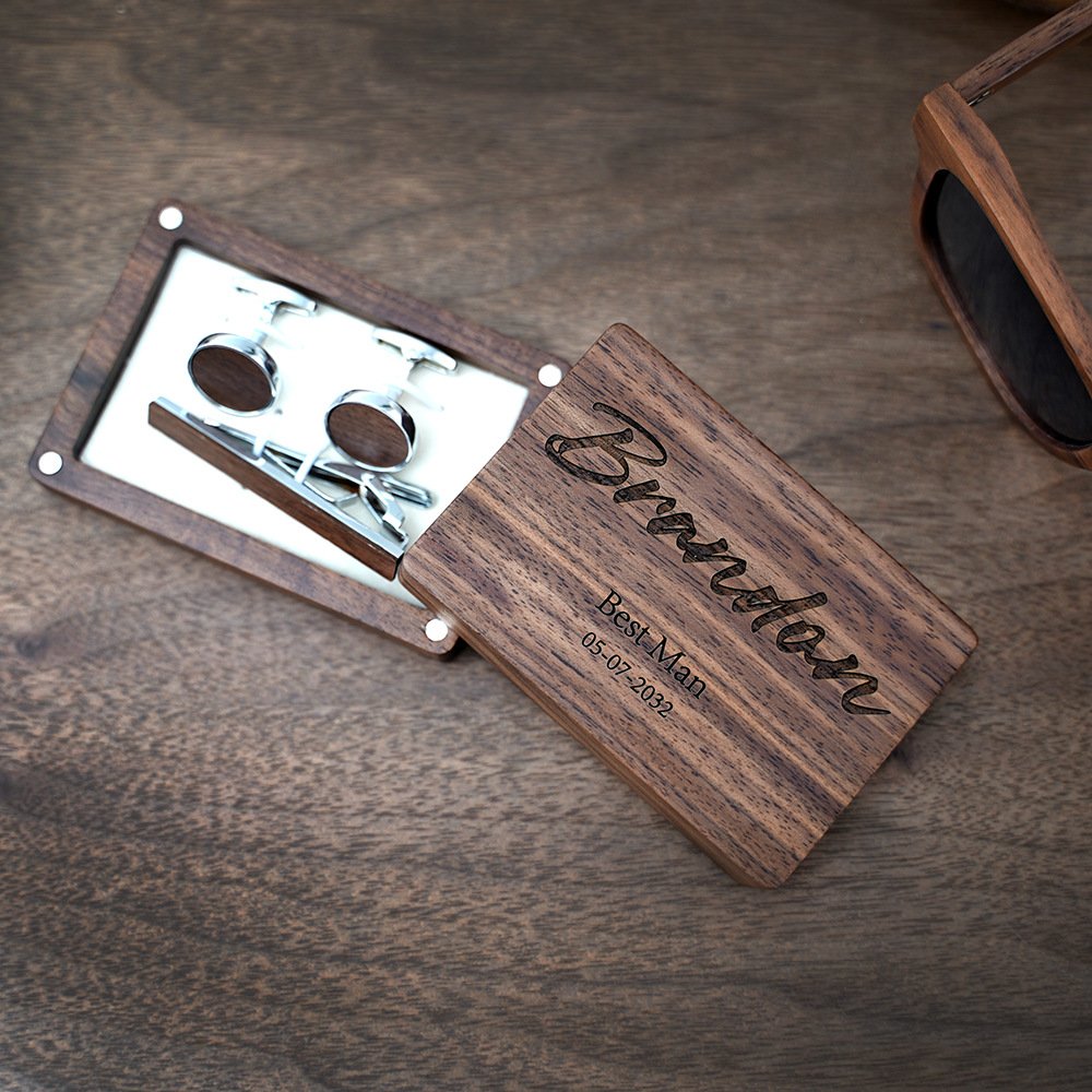 French Shirt Accessories Wedding Gifts Black Walnut tie clip wooden cufflinks set box set custom logo