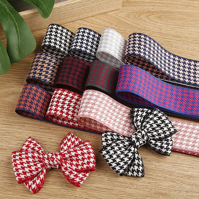 Custom Ribbons Polyester Jute Like Two Color Houndstooth Pattern Ribbons For Hair Bows and Ties
