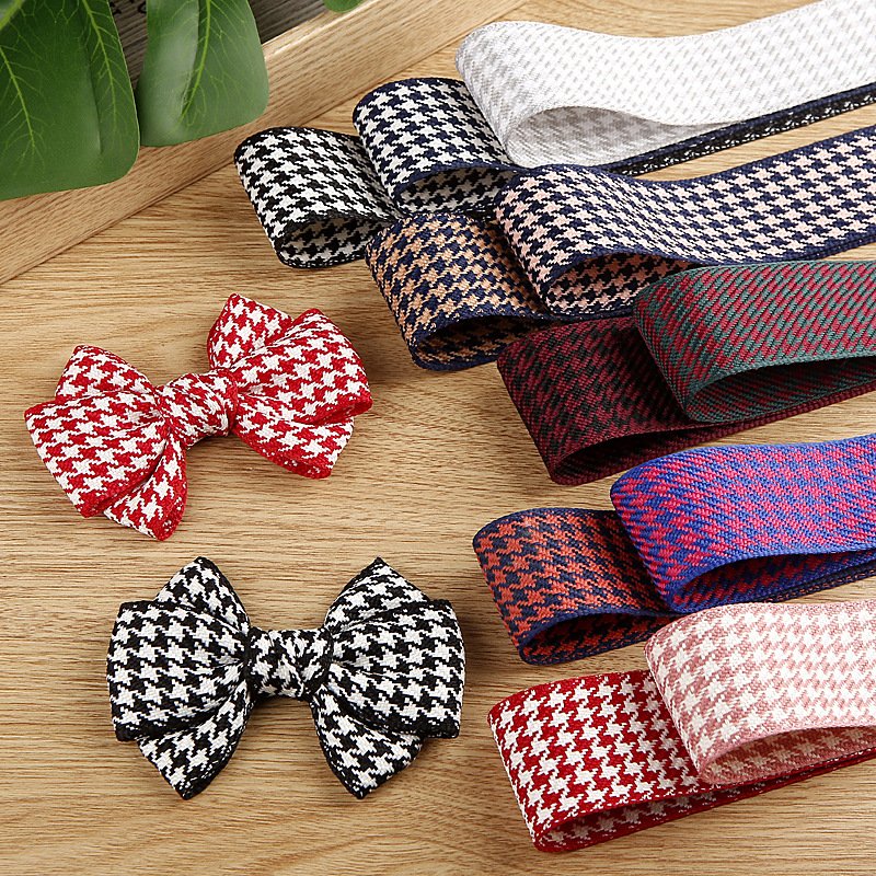 Custom Ribbons Polyester Jute Like Two Color Houndstooth Pattern Ribbons For Hair Bows and Ties