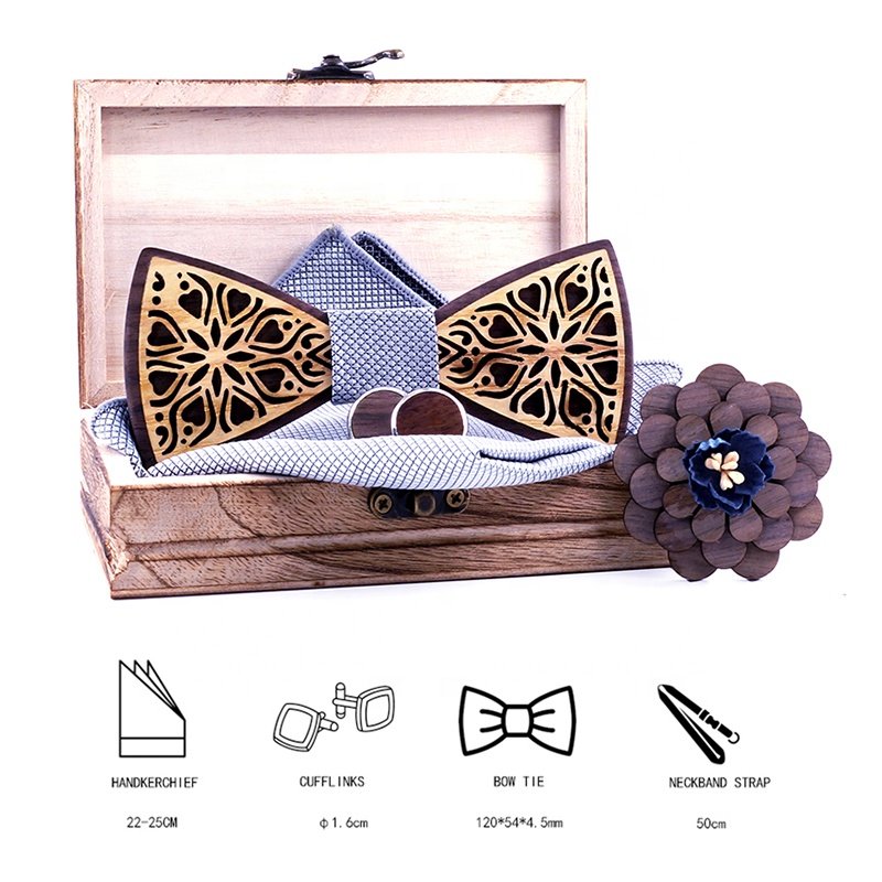 New Arrival Adults' Wooden Bow Tie Handkerchief Brooch Cufflink Gift Box Set Elegant and Stylish Accessory