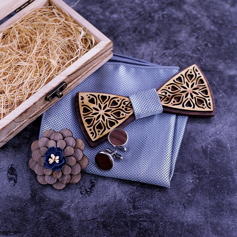 New Arrival Adults' Wooden Bow Tie Handkerchief Brooch Cufflink Gift Box Set Elegant and Stylish Accessory
