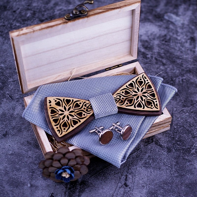 New Arrival Adults' Wooden Bow Tie Handkerchief Brooch Cufflink Gift Box Set Elegant and Stylish Accessory