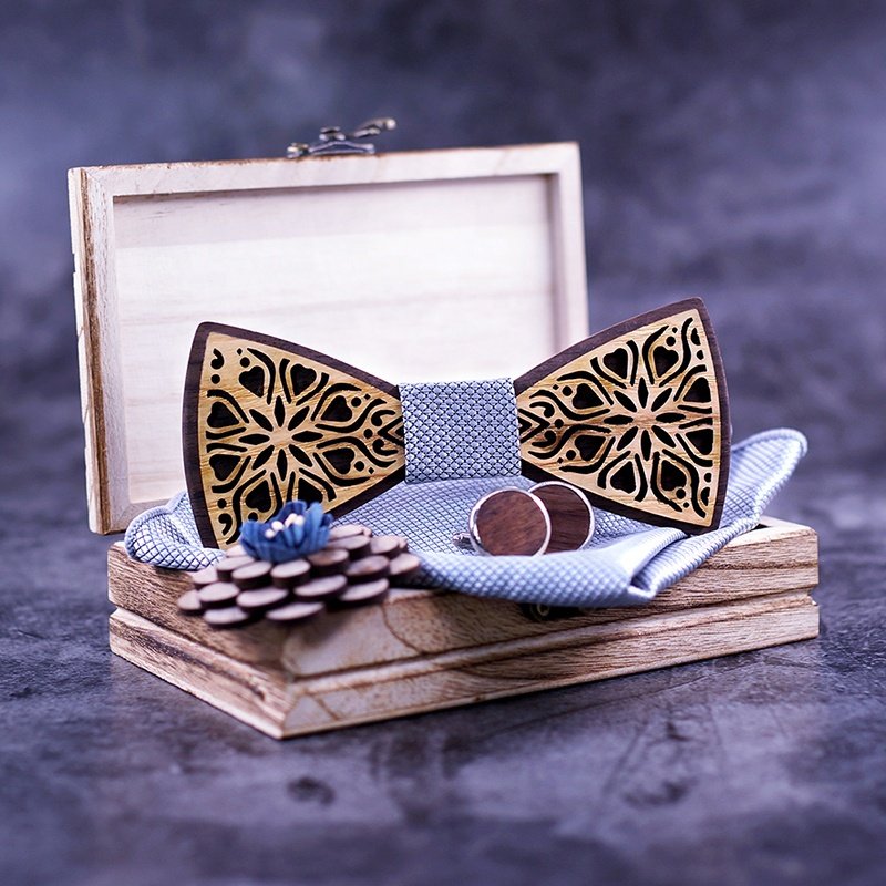 New Arrival Adults' Wooden Bow Tie Handkerchief Brooch Cufflink Gift Box Set Elegant and Stylish Accessory