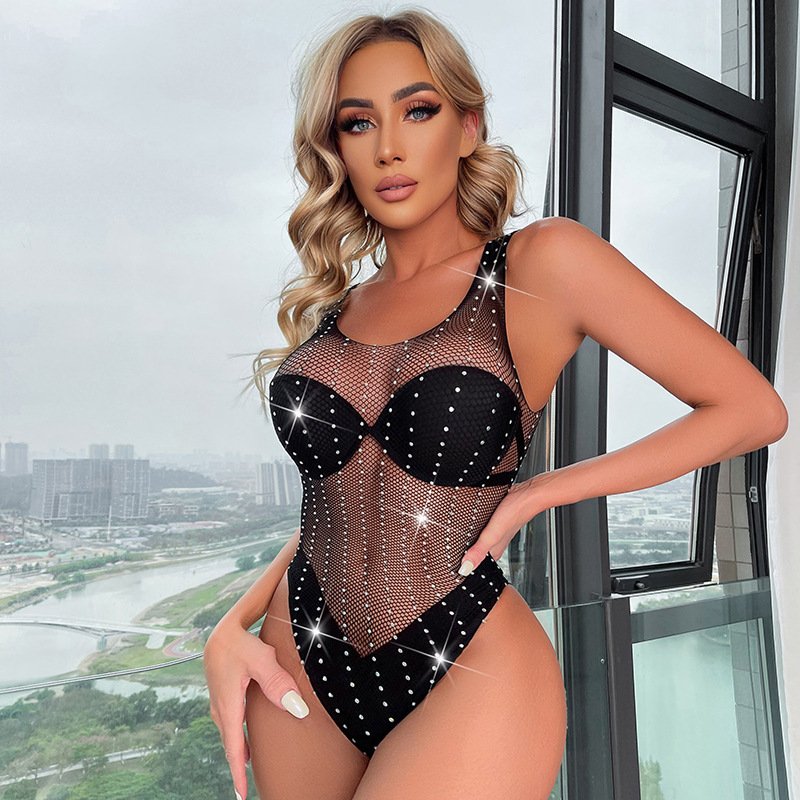 Factory Hot Sale Sexy Fishnet Lingeries Hot Diamond Rhinestone Bodystocking Hollow Out Sheer One-Piece Lingerie