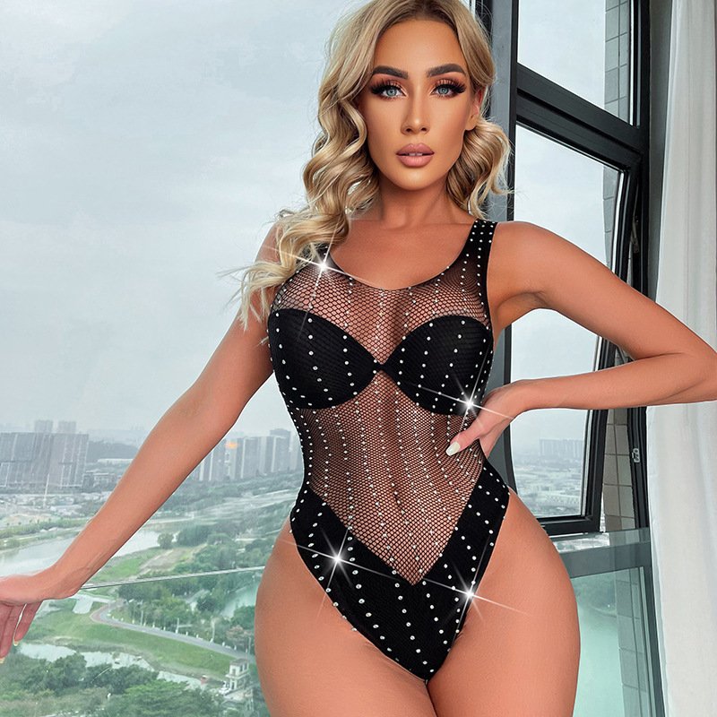 Factory Hot Sale Sexy Fishnet Lingeries Hot Diamond Rhinestone Bodystocking Hollow Out Sheer One-Piece Lingerie