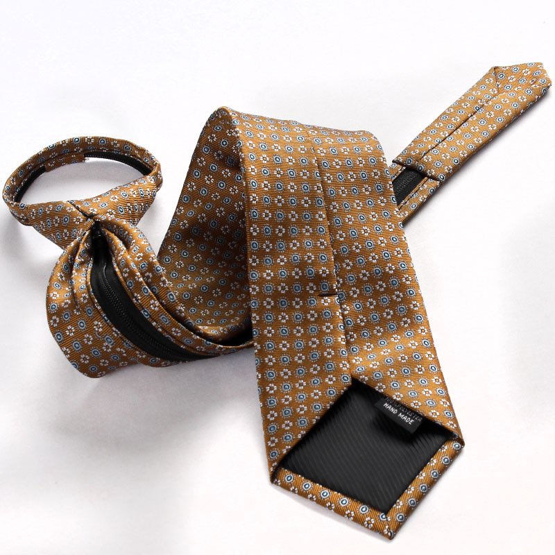 Men's Retro 8cm Striped Neck Tie Formal Business Casual in Champagne Gold Lazy Brown with Zipper Polyester Knot-Free Tie