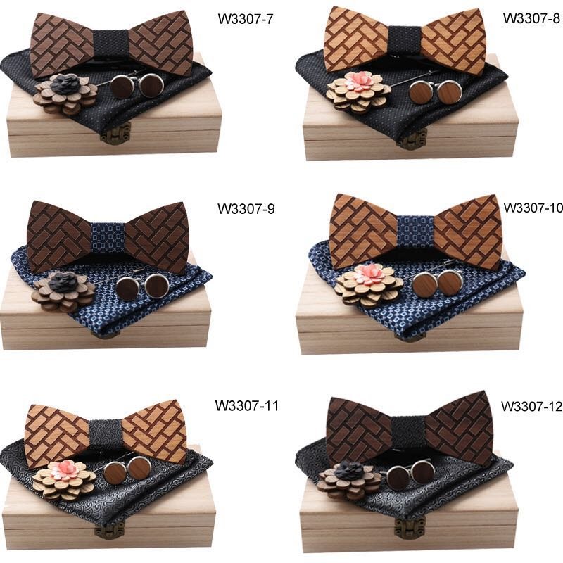 Men's Vintage Adjustable Wooden Bow Ties and Pocket Square Cufflinks Set