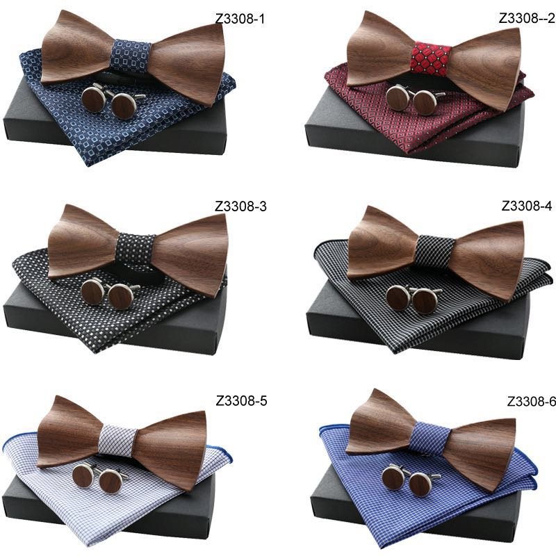 Men's Vintage Adjustable Wooden Bow Ties and Pocket Square Cufflinks Set