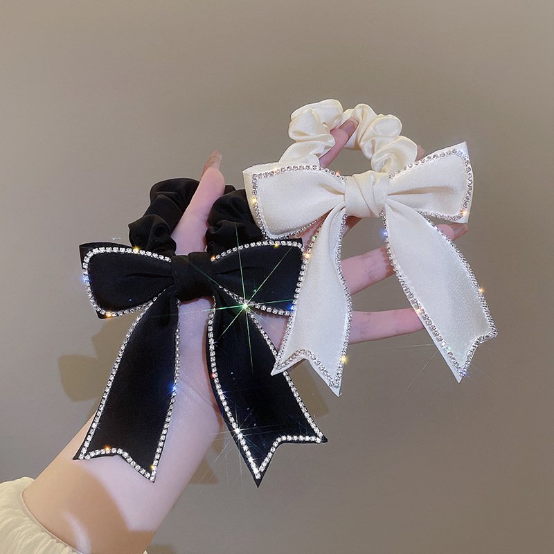 Temperament Crystal Bow Scrunchies Silk Fabric Elastic Hair Band Girls Fashion Ponytail Holder Accesorios Para El Cabello