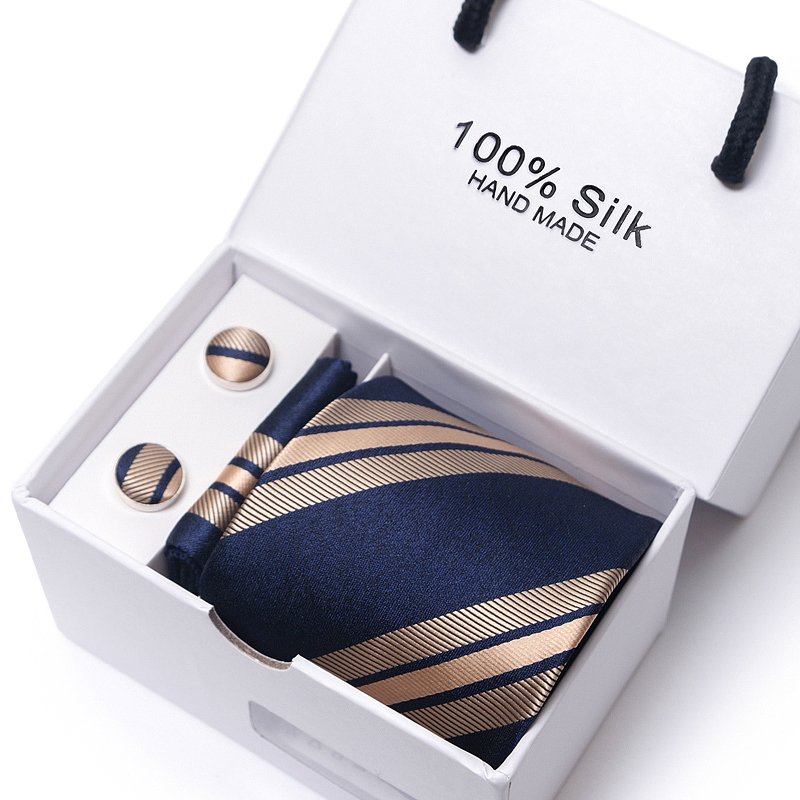 Light Blue Gold Novelty Paisley Striped Silk Wedding Nicktie For Men Hanky Cufflink Tie Set