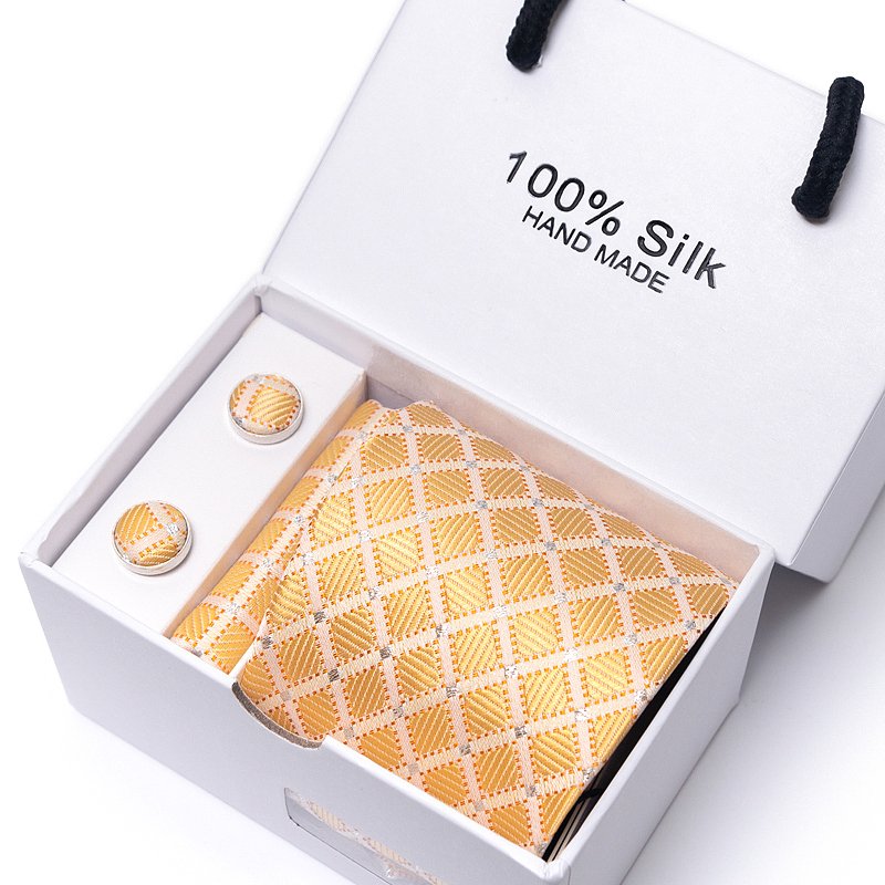 Light Blue Gold Novelty Paisley Striped Silk Wedding Nicktie For Men Hanky Cufflink Tie Set