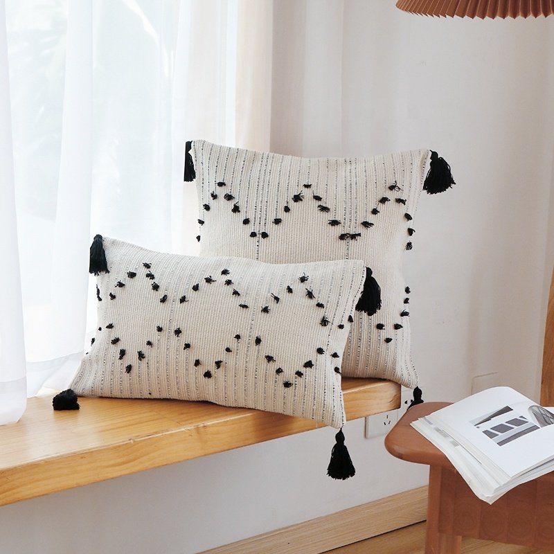 Hot selling modern farmhouse white cotton jacquard stripes pillow case boho 18'' home living room decorative throw pillow cover