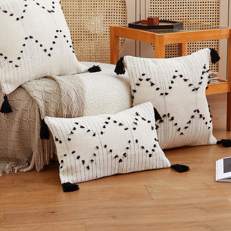Hot selling modern farmhouse white cotton jacquard stripes pillow case boho 18'' home living room decorative throw pillow cover
